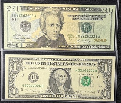 Binary Repeater Serial Number Set One Dollar Bills $1 and $20 2s 6s