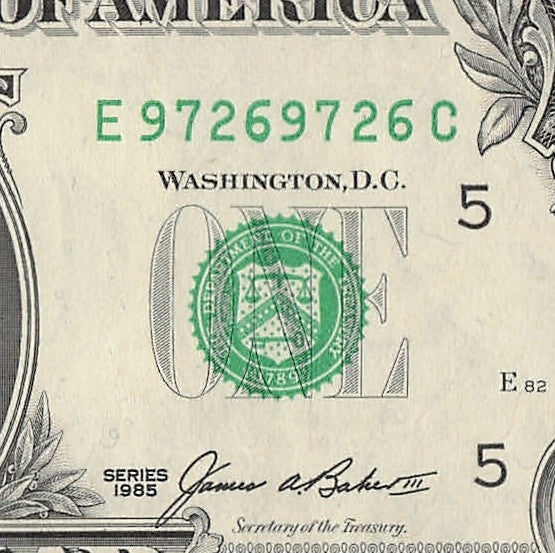Repeater Fancy Serial Number One Dollar Bill 1985 2s 6s 7s 9s EC Block