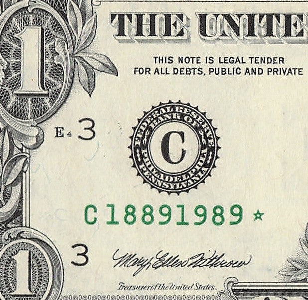 Century Star Note One Dollar Bill 1999 $1 C* Block Philadelphia Date 1889 1989