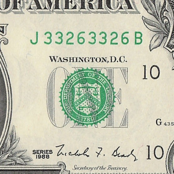 Repeater Fancy Serial Number One Dollar Bill 1988 2s 3s 6s JB Block Trinary