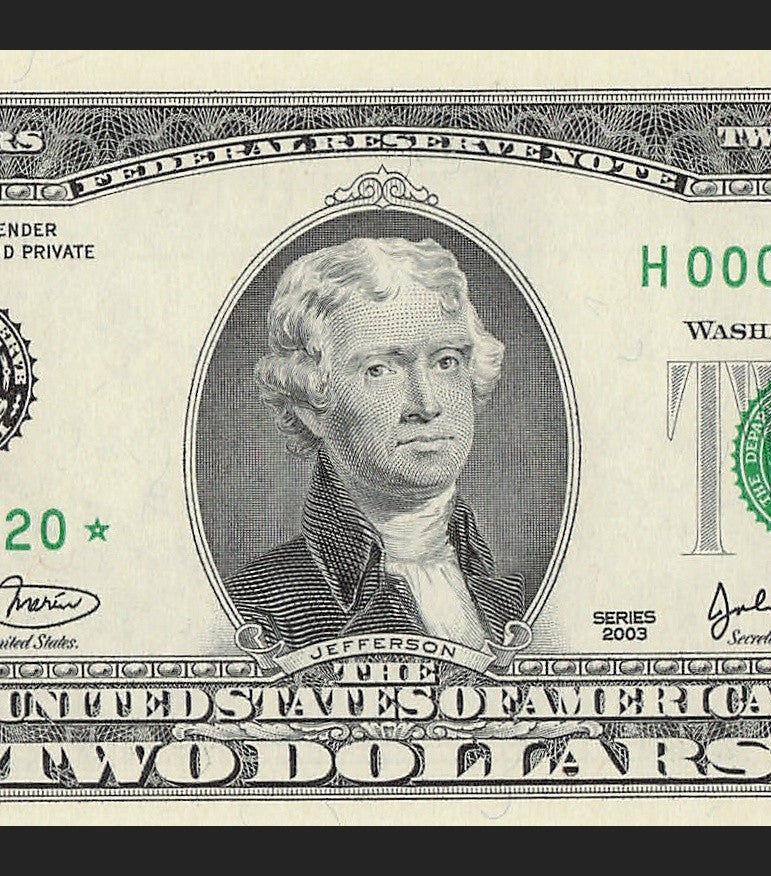 Binary Low Serial Number Star Note Two Dollar Bill H00002220* 2s 0s St Louis