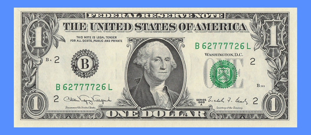 Radar Fancy Serial Number One Dollar Bill 2s 6s 7s 1988A BL Block Trinary