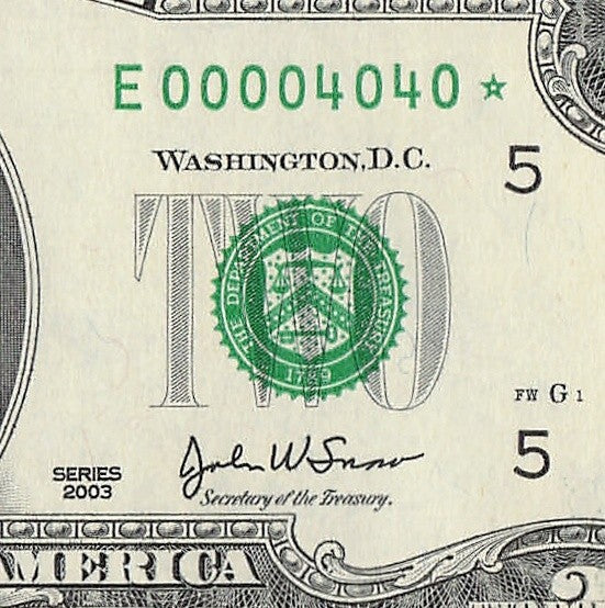 Binary Low Serial Number Star Note Two Dollar Bill E00004040* 4s 0s Richmond