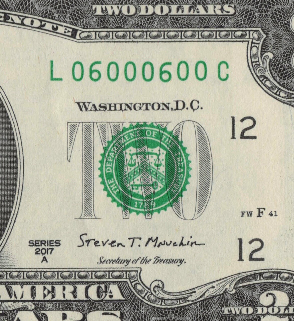 $2 Flipper Binary Repeater Fancy Serial Number Two Dollar Bill 0s 6s
