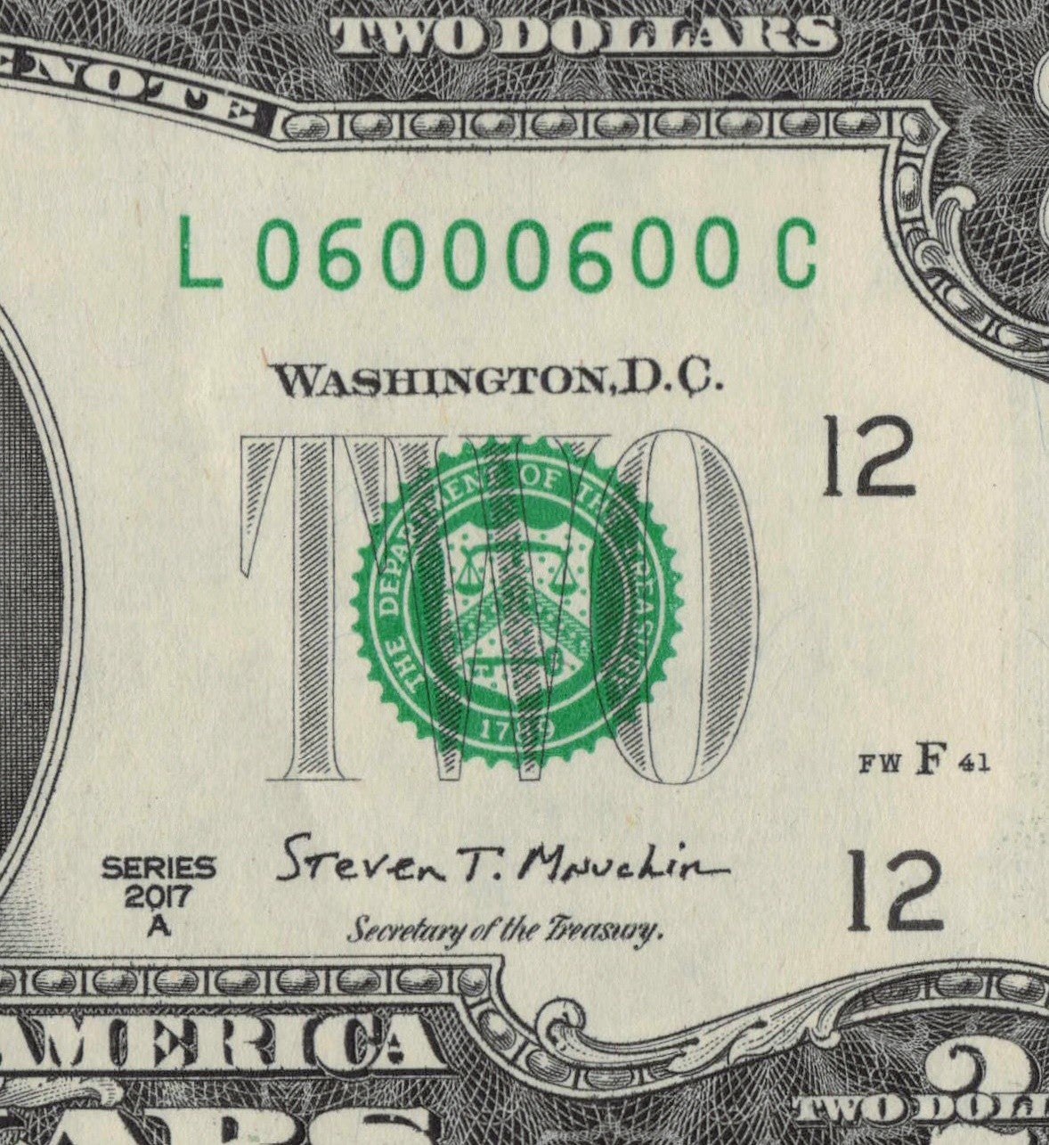 $2 Flipper Binary Repeater Fancy Serial Number Two Dollar Bill 0s 6s