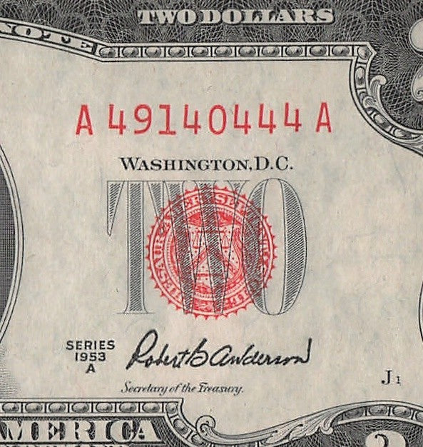 Five of a Kind 4s Fancy Serial Number Two Dollar Red Seal $2 1953A