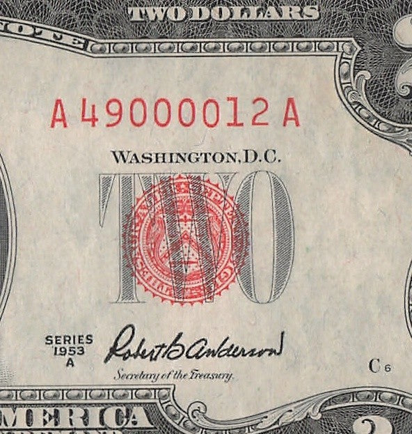 Four in a Row 0s Fancy Serial Number Two Dollar Red Seal 1953A $2 POS 3