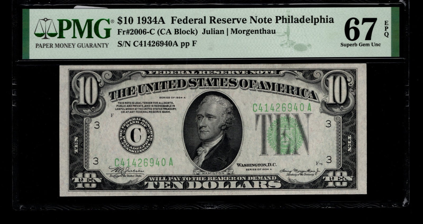 Ten Dollar Federal Reserve Note FR 2006C PMG 67 1934A $10 FRN