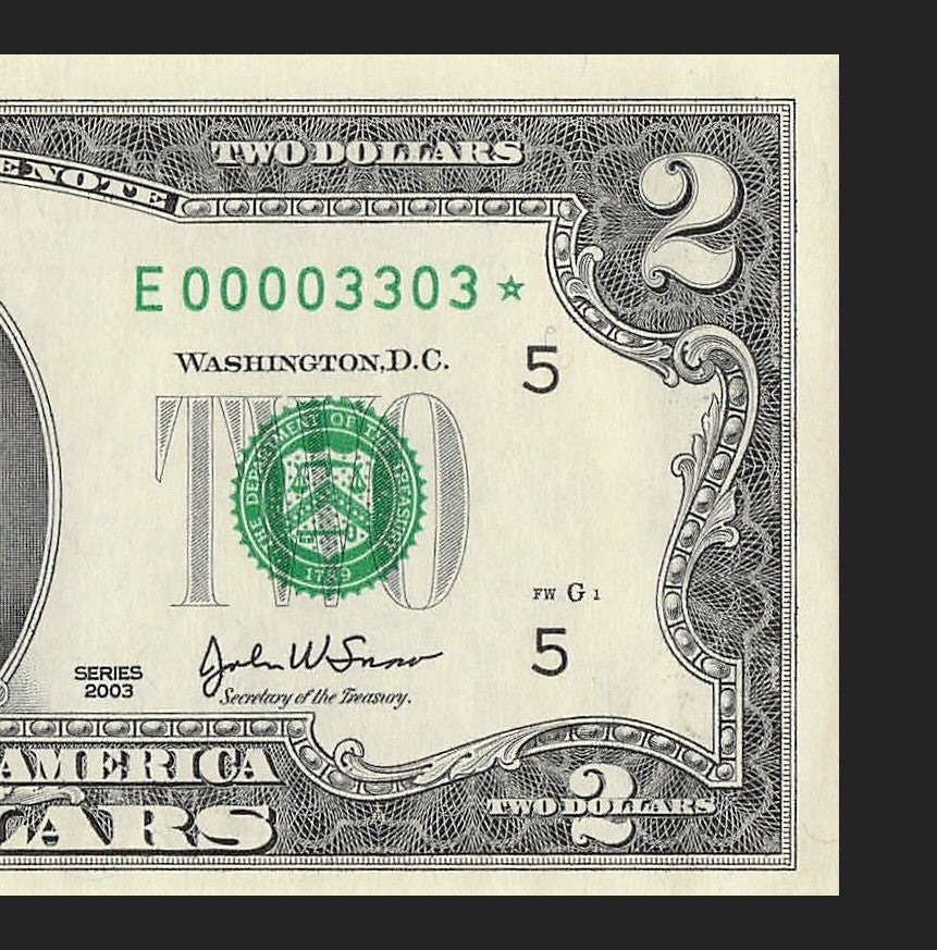 Binary Low Serial Number Star Note Two Dollar Bill E00003303* 3s 0s Richmond