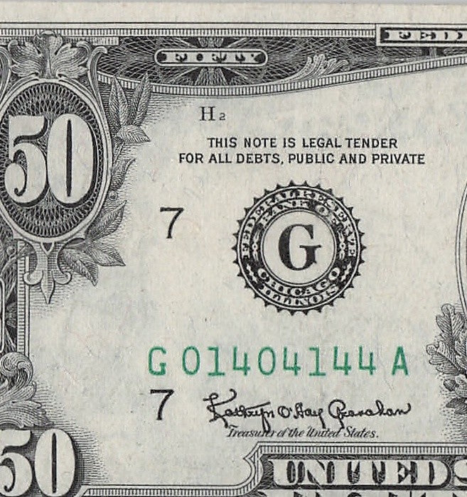 Trinary Fancy Serial Number Fifty Dollar Federal Reserve Note 0s 1s 4s 1963A