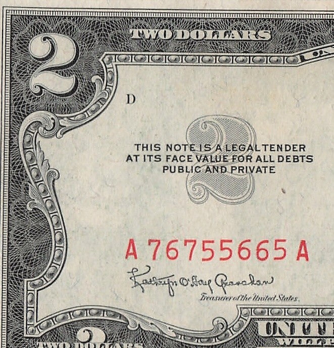 Trinary Fancy Serial Number Two Dollar Red Seal 1953 C Sequential 5s 6s 7s
