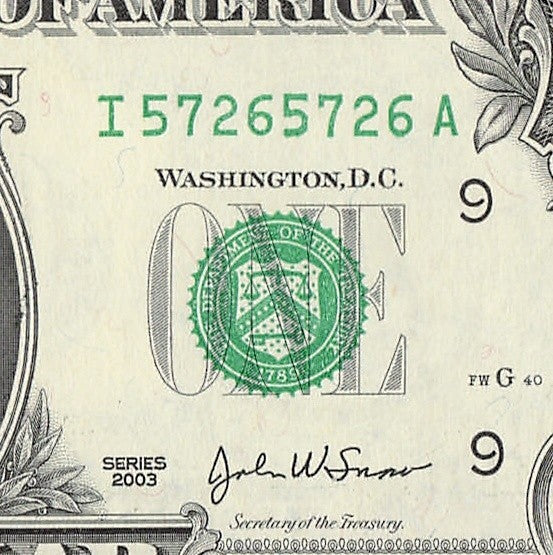 Repeater Fancy Serial Number One Dollar Bill 2s 7s 5s 6s 2003 IA Block