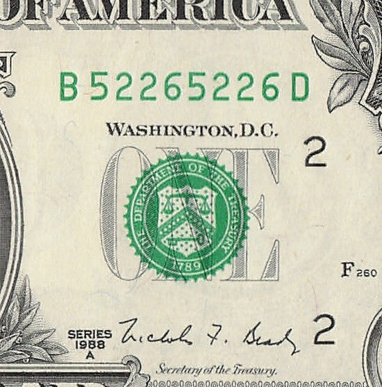 Repeater Fancy Serial Number One Dollar Bill 2s 5s 6s 1988A BD Block Trinary