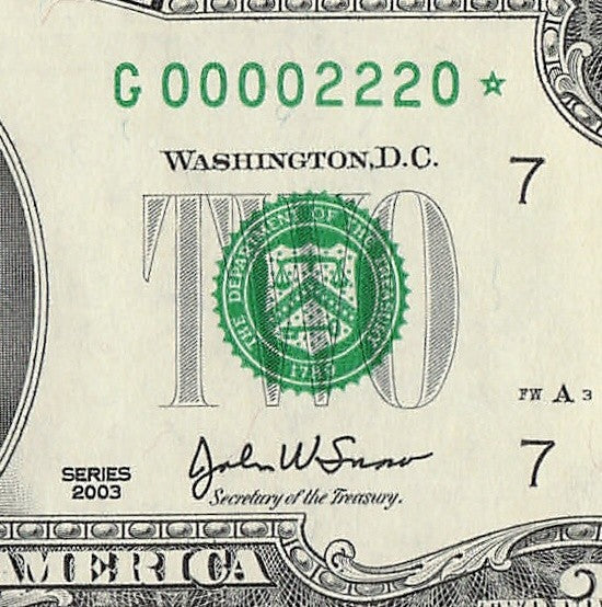 Binary Low Serial Number Star Note Two Dollar Bill G00002220* 2s 0s Chicago