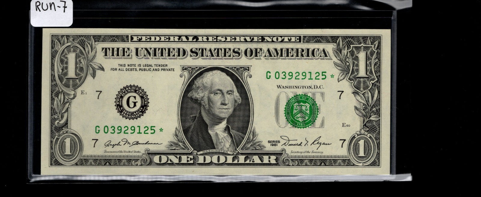Star Note One Dollar Bill 1981 $1 G* Block Chicago Run 7 UNC