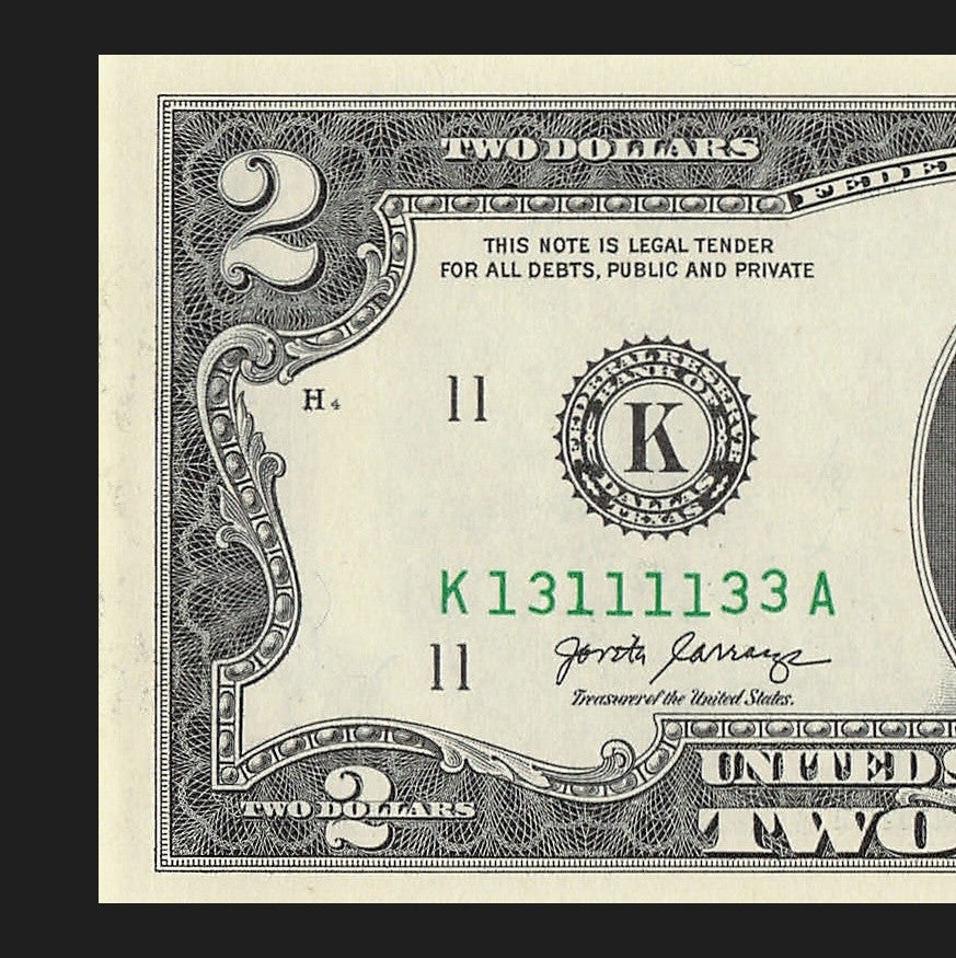 Binary Two Dollar Bill Fancy Serial Number 2017A $2 Dallas Binary 3s 1s