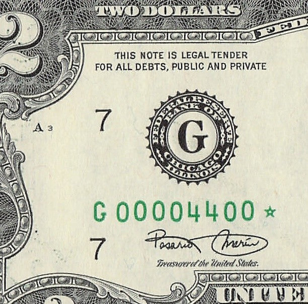 Binary Low Serial Number Star Note Two Dollar Bill G00004400* 4s 0s Chicago