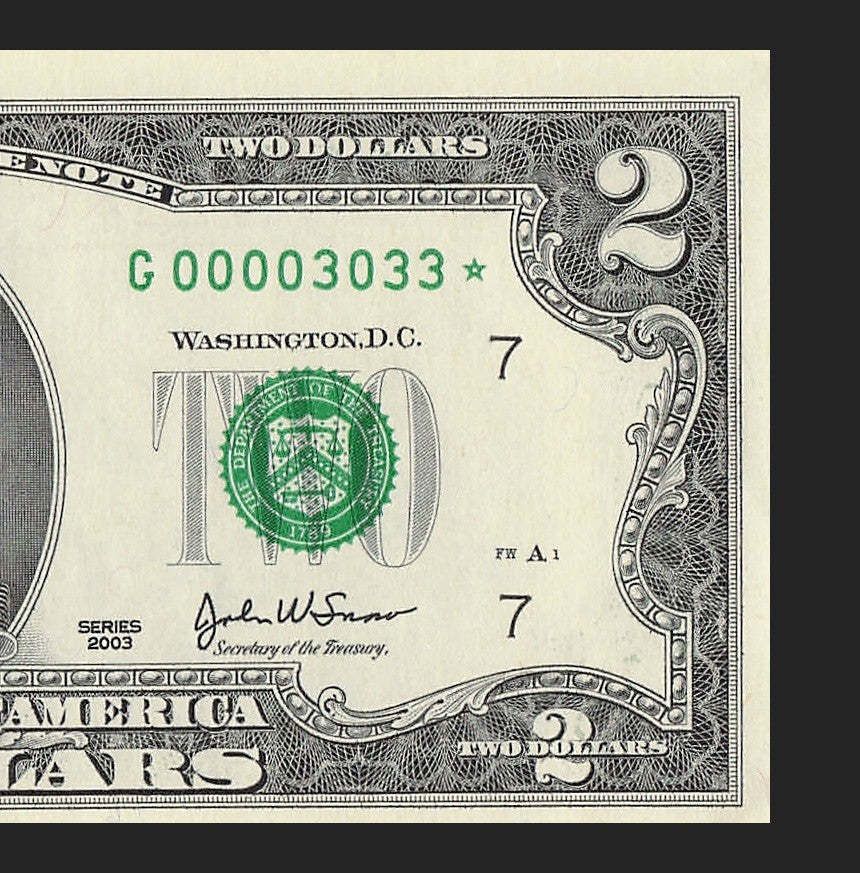Binary Low Serial Number Star Note Two Dollar Bill G00003033* 3s 0s Chicago