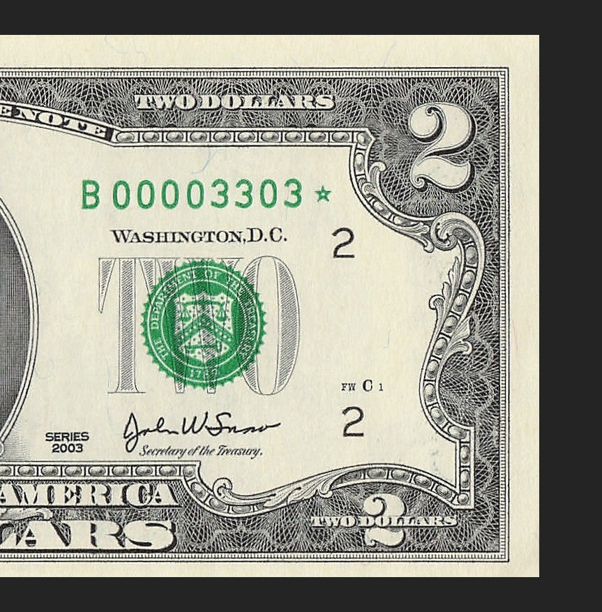 Binary Low Serial Number Star Note Two Dollar Bill B00003303* 0s 3s New York