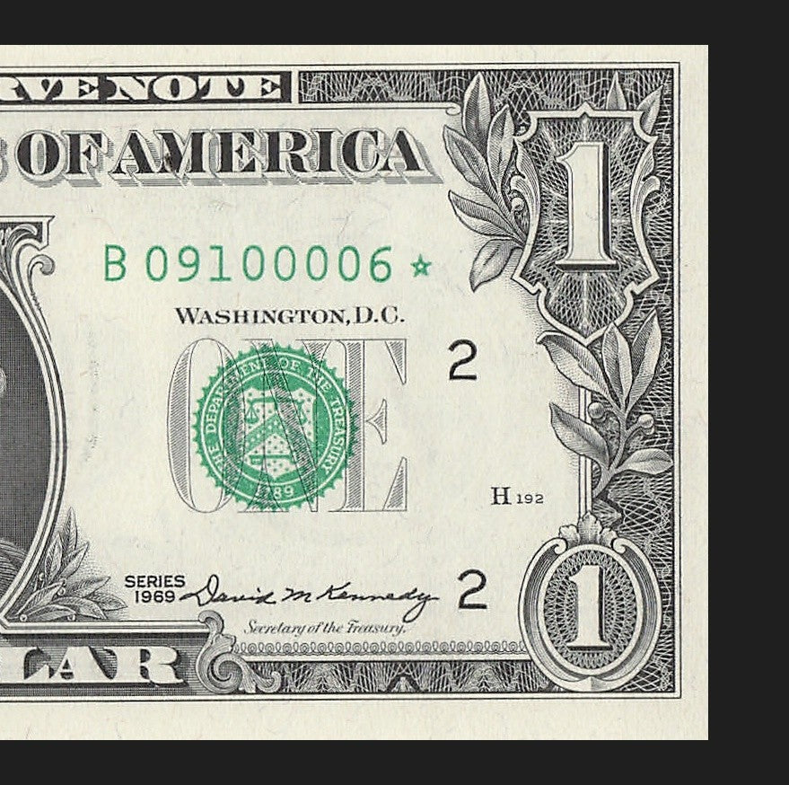 Star Note One Dollar Bill 1969 $1 B* Block New York Run 15 640K UNC Five kind 0s