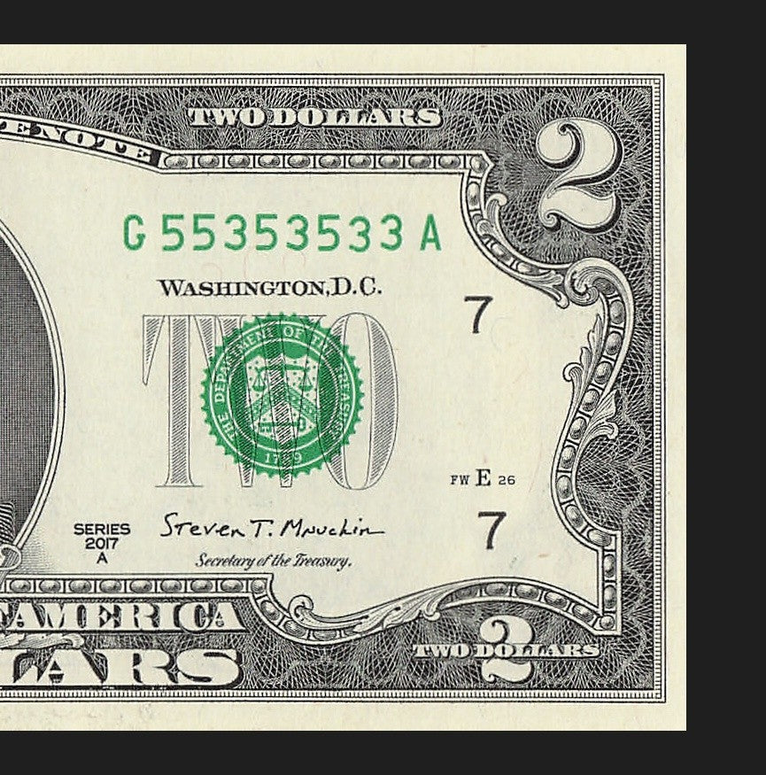 Binary Two Dollar Bill Fancy Serial Number 2017A $2 Binary 3s 5s