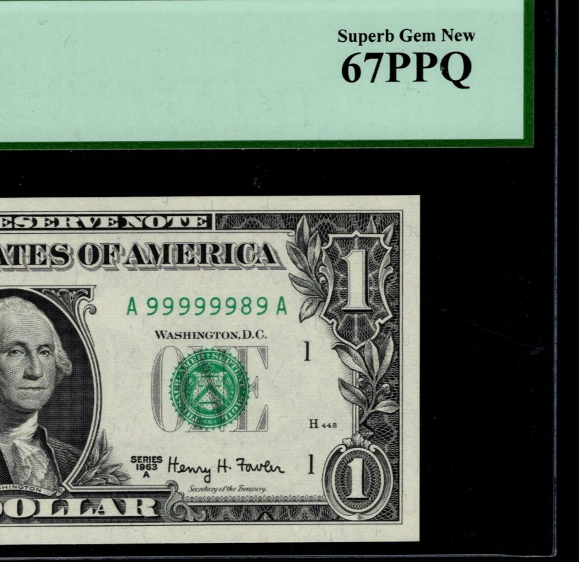 High Serial Number One Dollar Bill Boston 1963A A99999989A Seven of a kind 9s