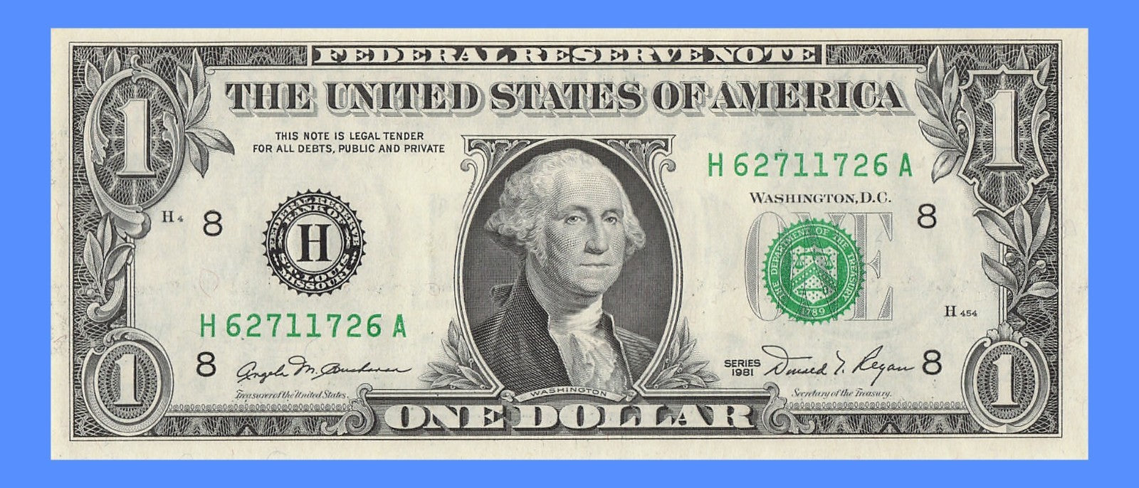 Radar Fancy Serial Number One Dollar Bill 1981 2s 1s 6s 7s HA
