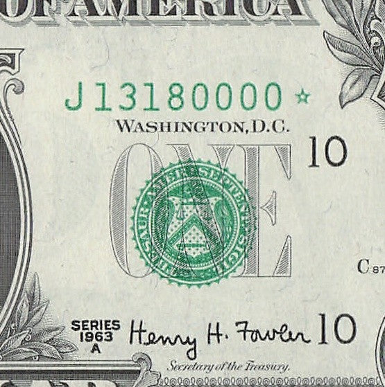 Star Note One Dollar Bill 1963A $1 J* Block Kansas City Four Trailing 0s