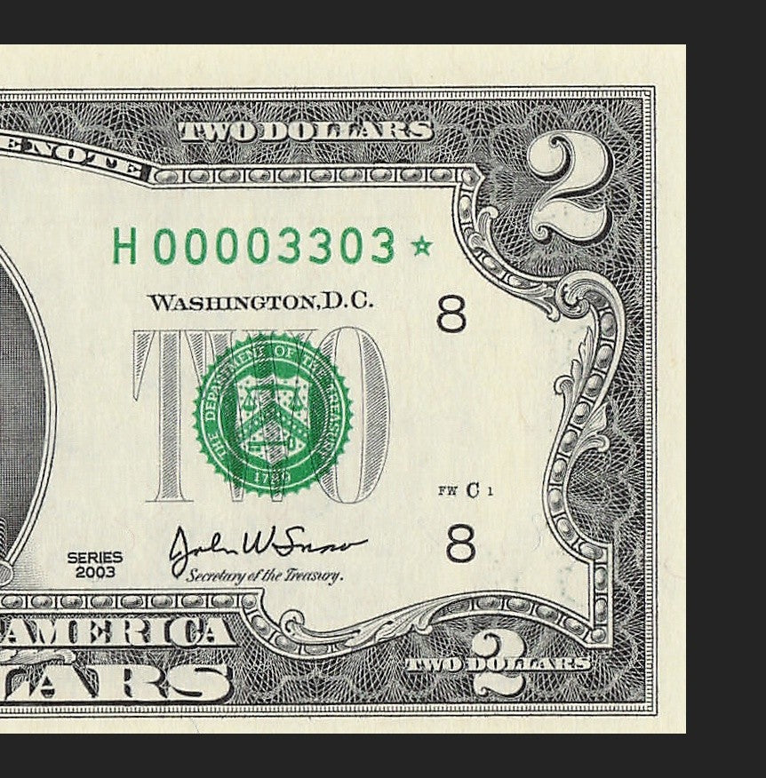 Binary Low Serial Number Star Note Two Dollar Bill H00003303* 3s 0s St Louis