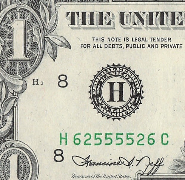 Radar Fancy Serial Number One Dollar Bill 1974 St Louis Trinary 2s 5s 6s HC
