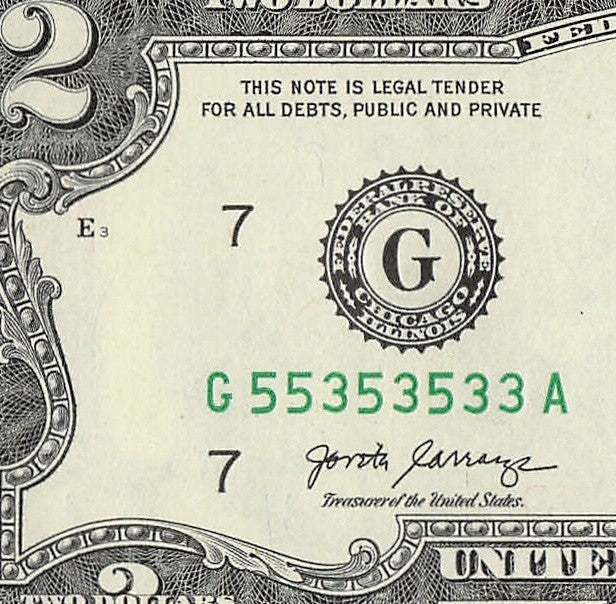 Binary Two Dollar Bill Fancy Serial Number 2017A $2 Binary 3s 5s