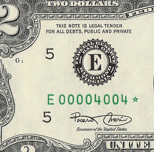 Binary Low Serial Number Star Note Two Dollar Bill E00004004* 4s 0s Richmond