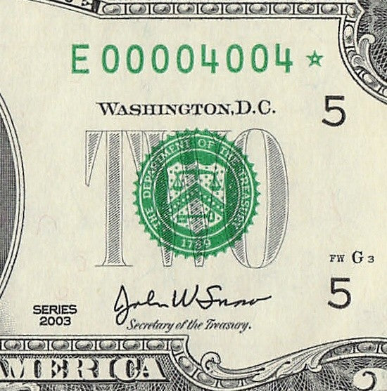 Binary Low Serial Number Star Note Two Dollar Bill E00004004* 4s 0s Richmond