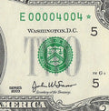 Binary Low Serial Number Star Note Two Dollar Bill E00004004* 4s 0s Richmond