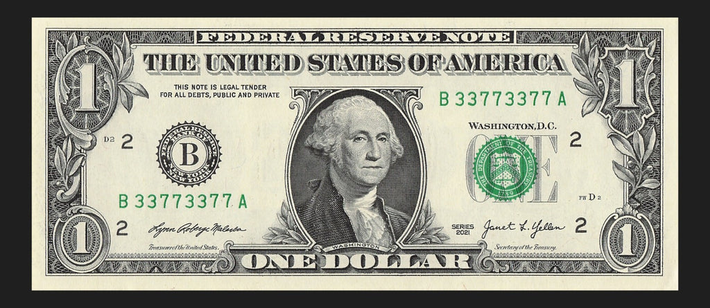 Binary Repeater Fancy Serial Number One Dollar Bill 3s 7s 2021 BA Block $1