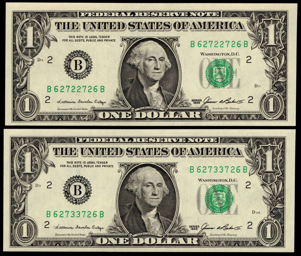 Radar Serial Number Set One Dollar Bills 1985 $1 BB Block Palindromes