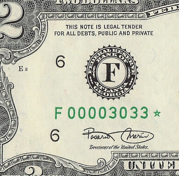 Binary Low Serial Number Star Note Two Dollar Bill F00003033* 3s 0s Atlanta