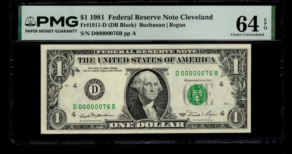 Low Serial Number 76 Fancy Serial Number One Dollar Bill PMG D00000076B