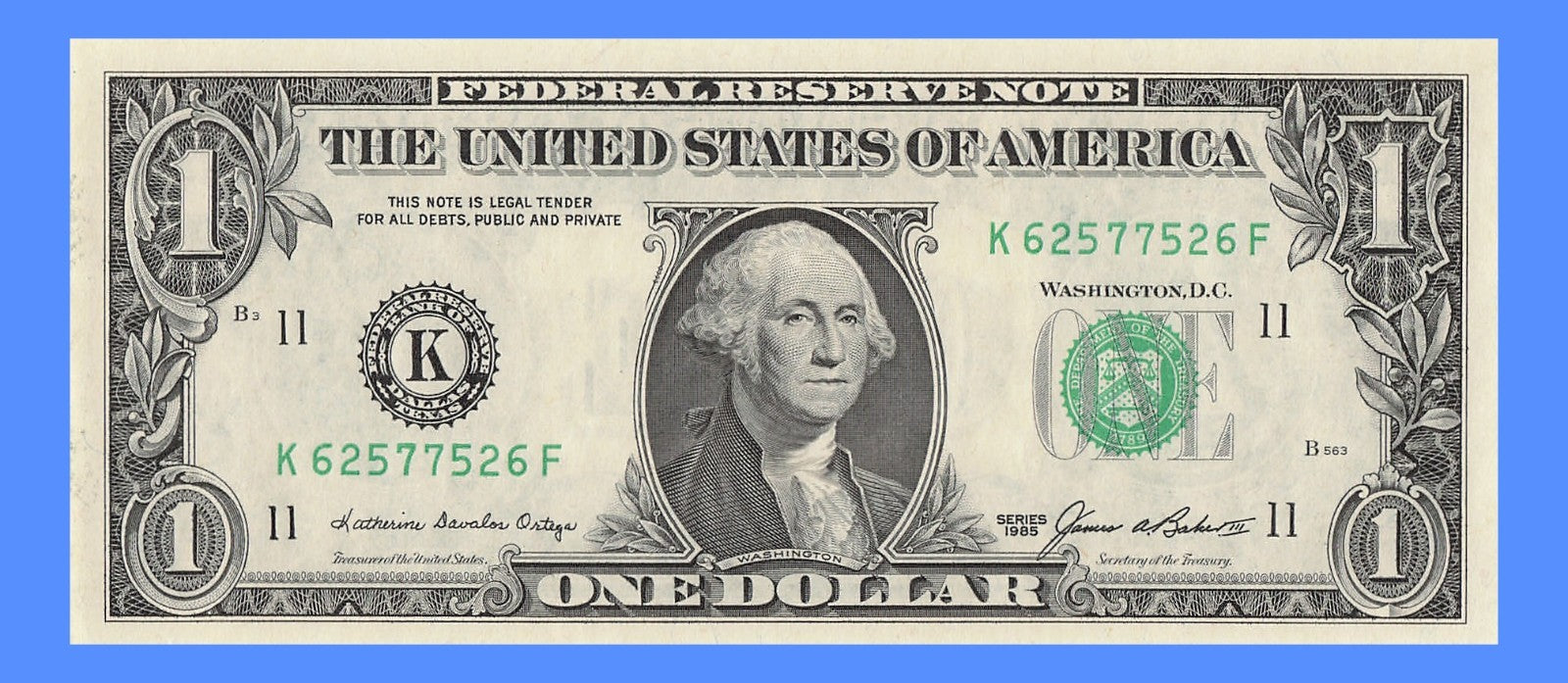 Radar Fancy Serial Number One Dollar Bill 1985 2s 5s 6s 7s KF Block