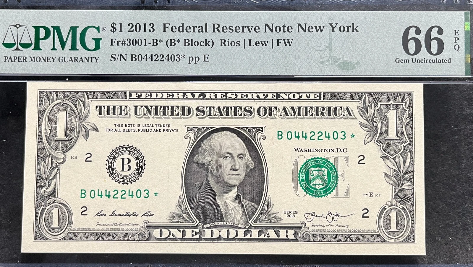 2013 B Duplicate Star Note Error One Dollar Bill B04422403* 66 EPQ FW