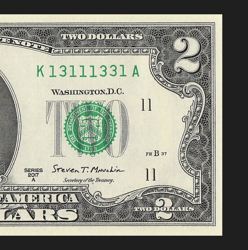 Binary Two Dollar Bill Fancy Serial Number 2017A $2 Dallas Binary 3s 1s