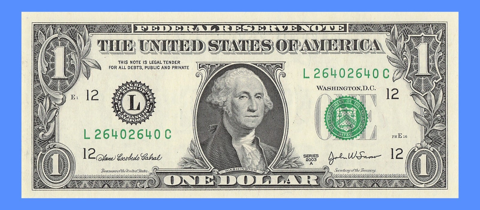 Repeater Fancy Serial Number One Dollar Bill 2s 4s 6s 0s 2003A LA Block