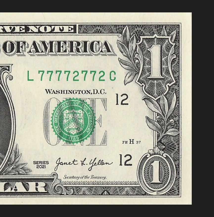 Binary Fancy Serial Number One Dollar Bill 2021 $1 Six of a Kind 2s 7s