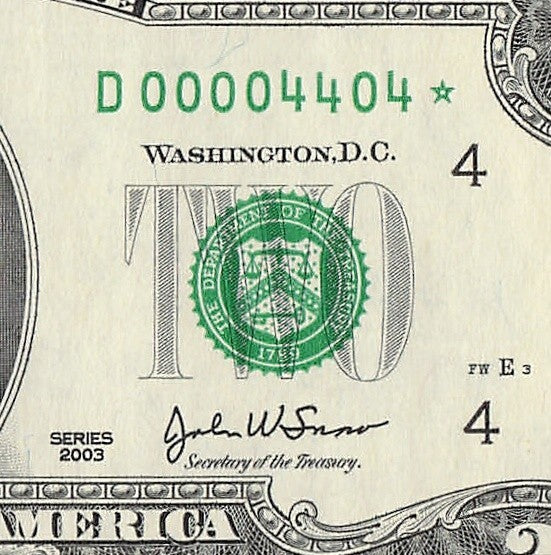 Binary Low Serial Number Star Note Two Dollar Bill D00004404* 4s 0s Cleveland