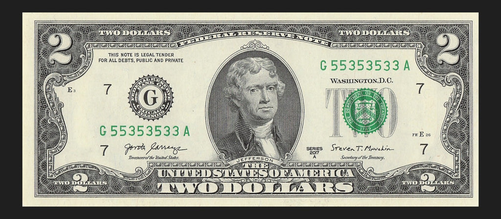 Binary Two Dollar Bill Fancy Serial Number 2017A $2 Binary 3s 5s