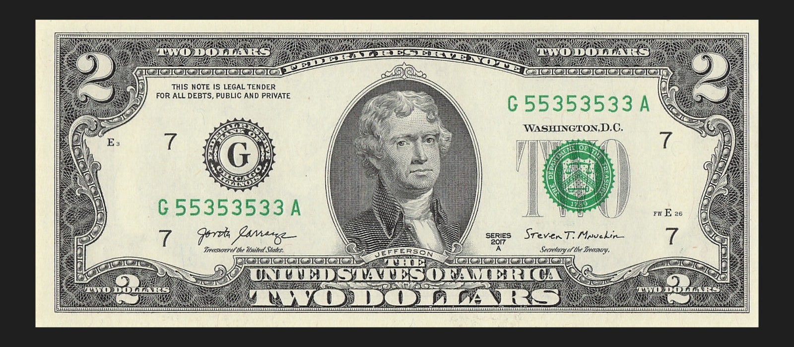 Binary Two Dollar Bill Fancy Serial Number 2017A $2 Binary 3s 5s