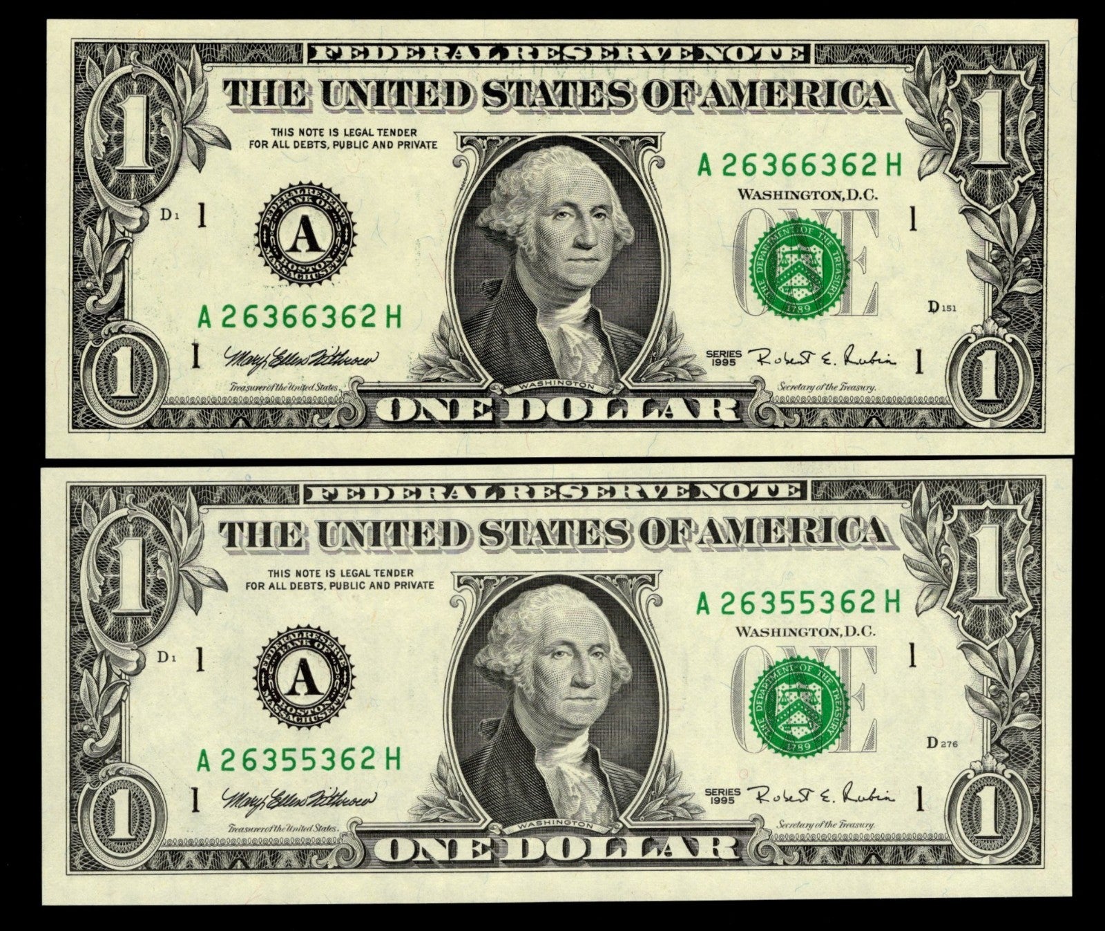 Radar Serial Number Set One Dollar Bills 1995 $1 AH Block Palindromes