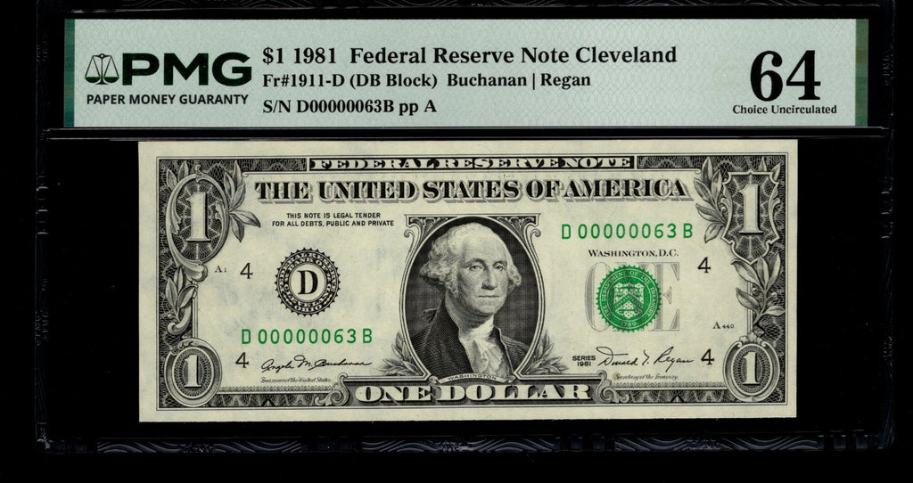 Low Serial Number 63 Fancy Serial Number One Dollar Bill PMG D00000063B