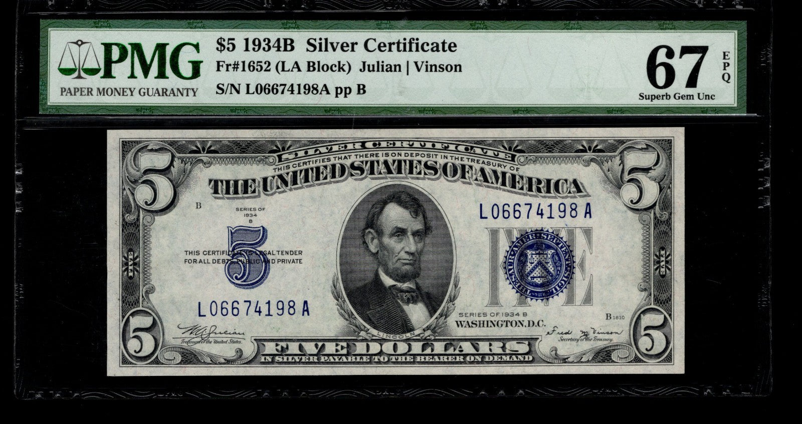 Five Dollar Silver Certificate FR 1652 PMG 67 1934B $5