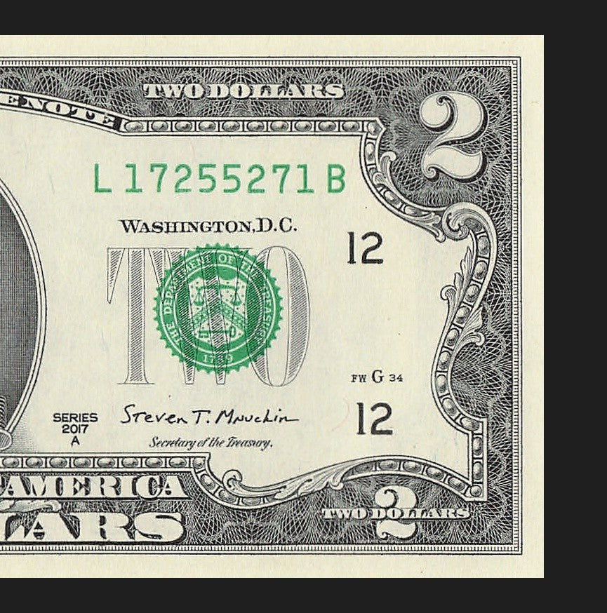 Radar Two Dollar Bill Fancy Serial Number 2017A $2 Palindrome 1s 7s 2s 5s